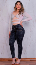 JEAN ELASTICO TIRO ALTO PUSH-UP GRIS OSCURO
