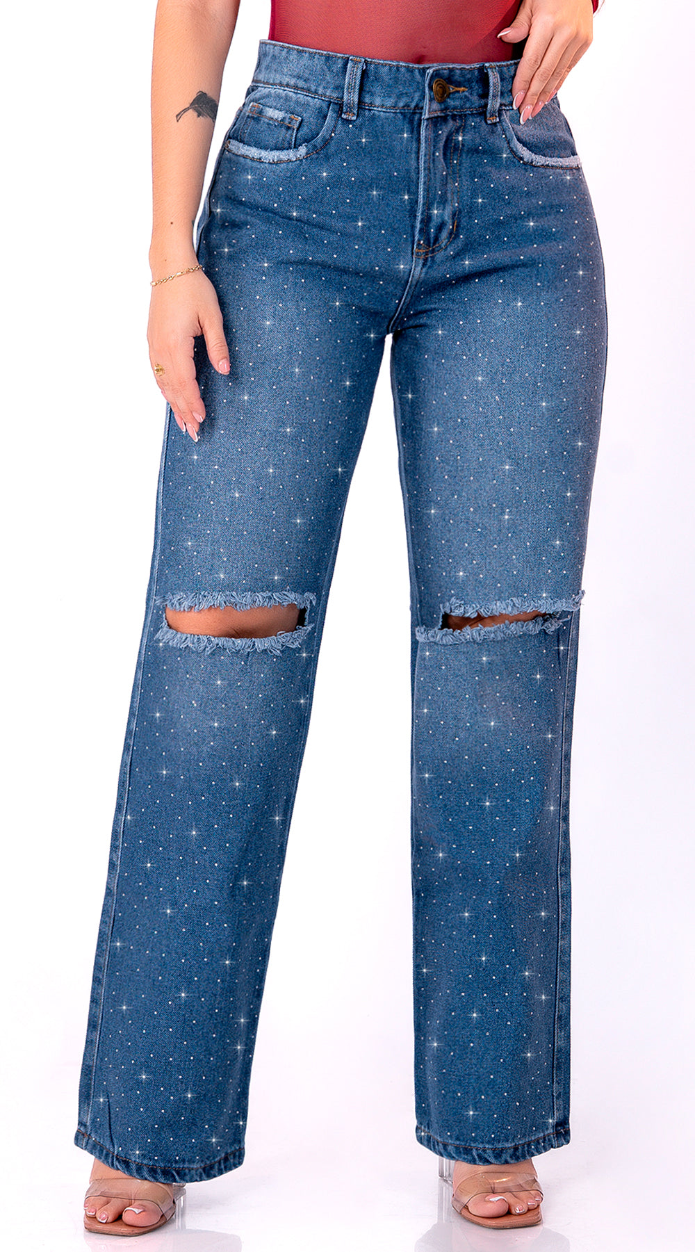 JEANS WIDE LEG AZUL MEDIO PRIEDRERIA