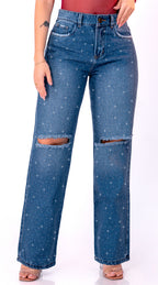 JEANS WIDE LEG AZUL MEDIO PRIEDRERIA