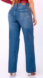JEANS WIDE LEG AZUL MEDIO PRIEDRERIA